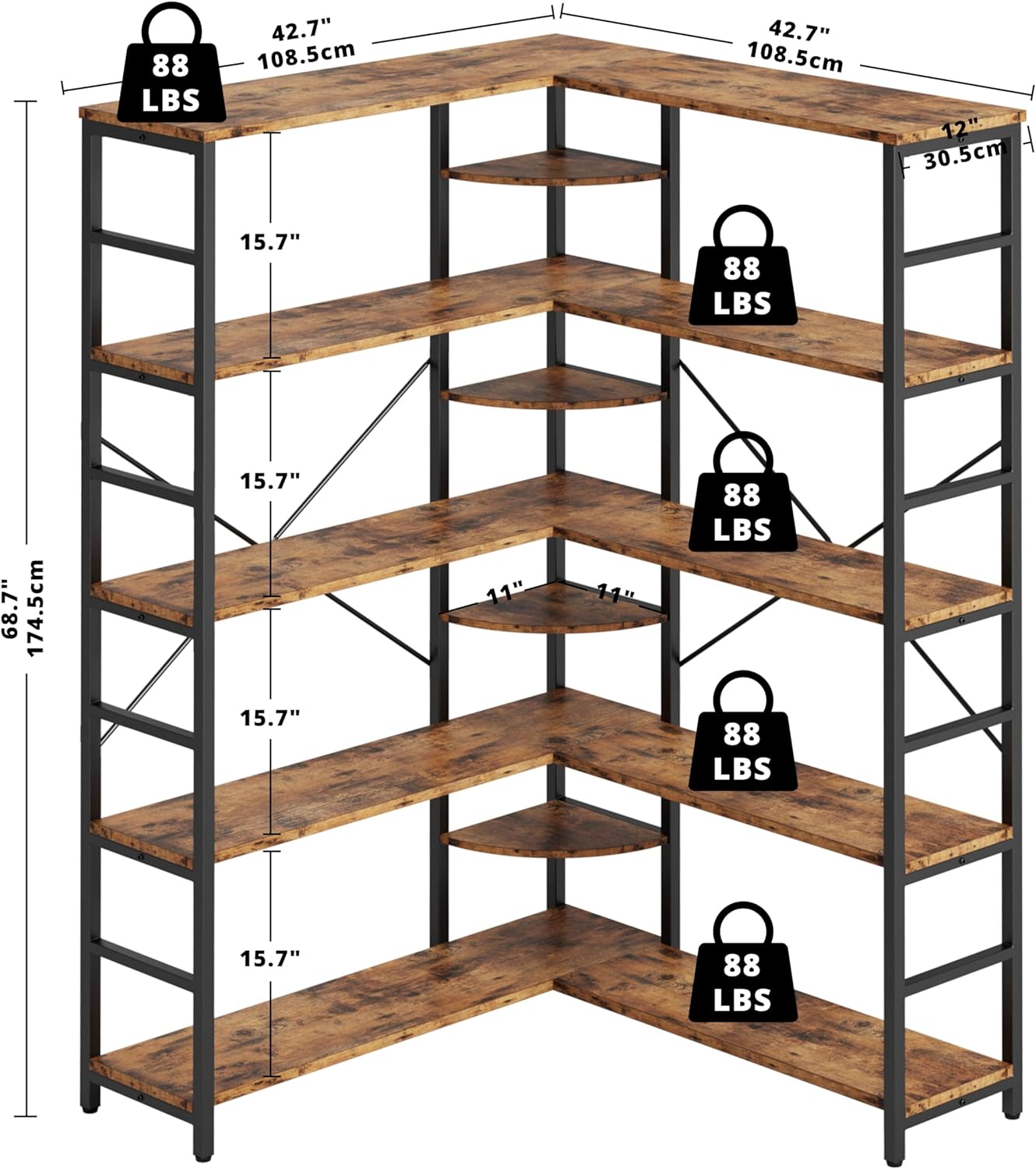 IRONCK Industrial Bookcases and Bookshelves, 5-Tiers Corner Bookcase with Curved Panels, L Shaped Shelf with Metal Frame for Open Storage for Living Room Home Office, Vintage Brown