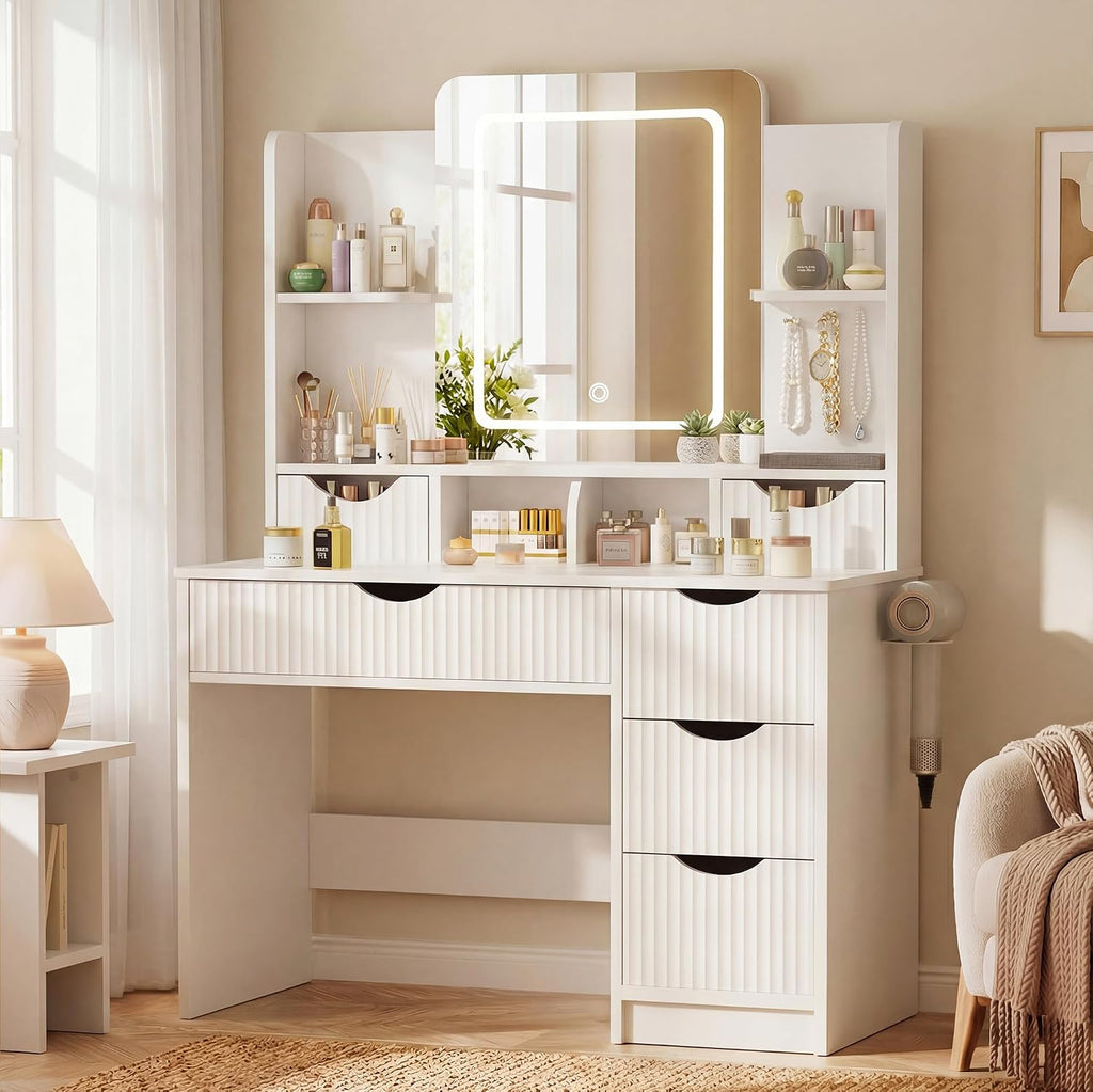 Vanity Desk with Mirror and Lights, Makeup Vanity Table with Large 6 Drawers Modern Fluted Wooden Dressing Table with Jewelry Hook 3 Color Modes Adjustable LED Mirror for Women Girls Bedroom or Dorm