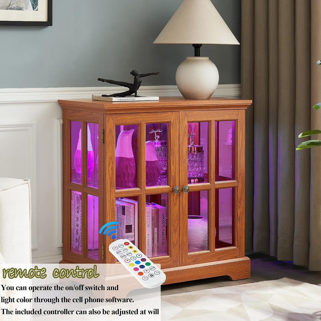 30' Glass Curio Display Storage Cabinet with LED Light, Modern 2 Lattice Doors Tableware Display Sideboard w/Adjustable Shelves, Retro Design Quality Showcase Bookcase for Home (Dark Oak)