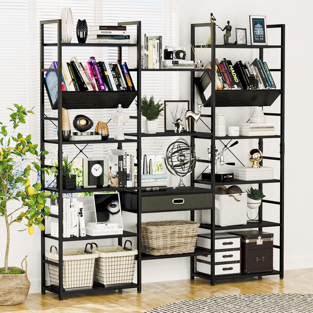 NUMENN Triple Wide 6 Tier Bookshelf, Adjustable Rustic Industrial Style Book Shelves, Modern Bookcases and Bookshelves Furniture for Bedroom, Living Room and Home Office, Black
