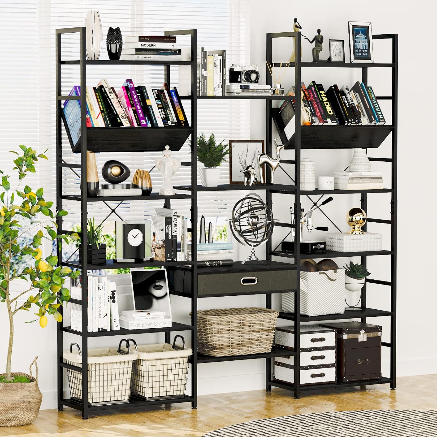 NUMENN Triple Wide 6 Tier Bookshelf, Adjustable Rustic Industrial Style Book Shelves, Modern Bookcases and Bookshelves Furniture for Bedroom, Living Room and Home Office, Black
