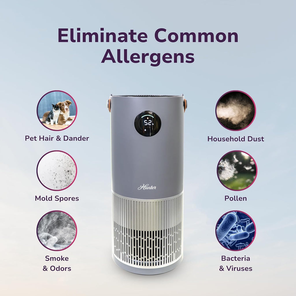 Hunter Fan Company Humidifier and Air Purifier In One, Advanced Filtration Air Purifiers for Home, Air Purifiers for Home Pets, Humidifiers for Bedroom and Humidifiers for Bedroom Baby, Grey/Silver