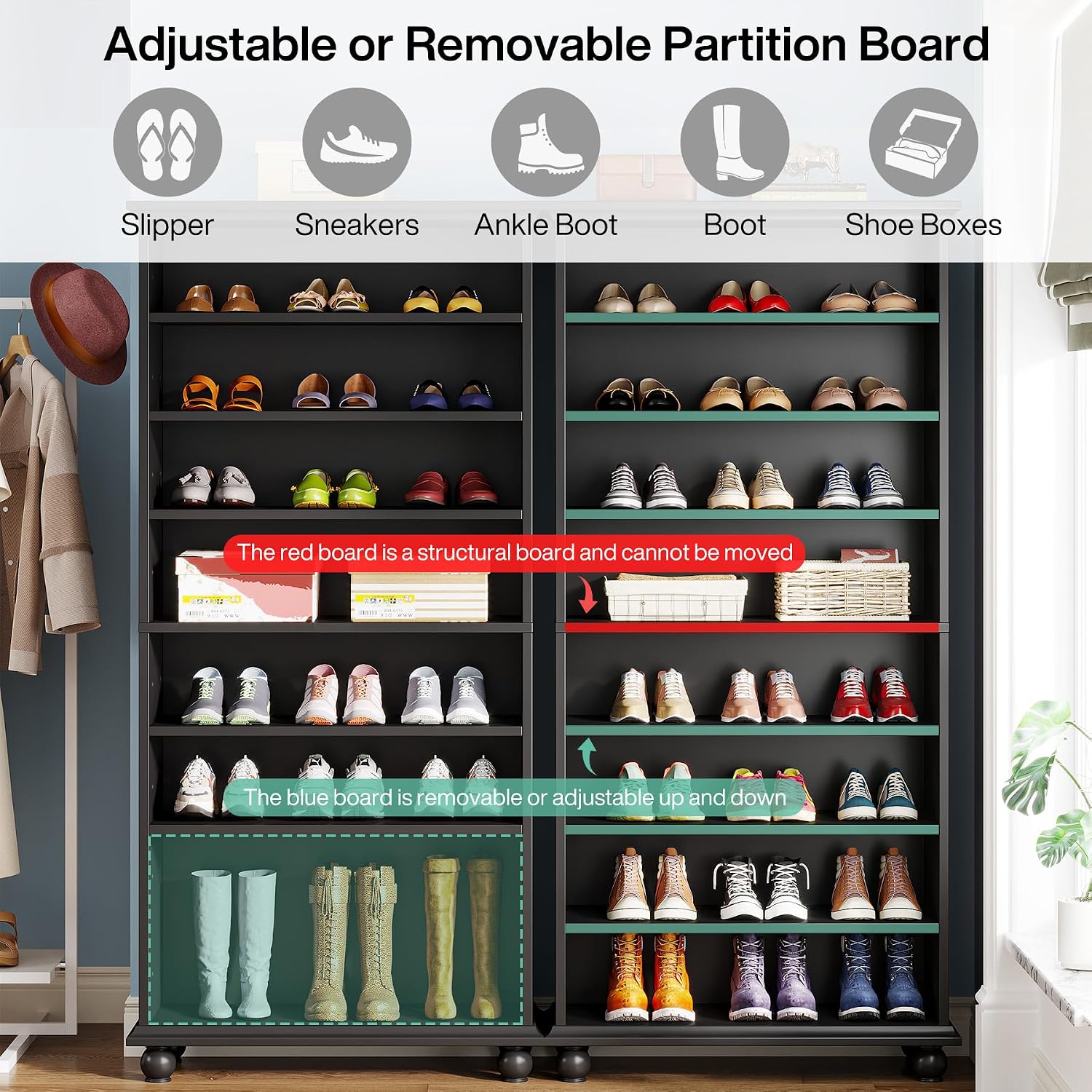 Tribesigns Narrow Tall Shoe Cabinet with LED Lighting, 9-Tier 30 Pairs Freestanding Shoes Storage Cabinet, Wood Shoe Organizer Cabinet with Solid Wooden Legs for Entryway (1, Black)