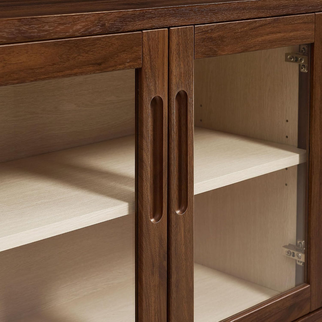 Modway Nell 72 Inch Sideboard Buffet Cabinet with Glass Doors in Walnut – Modern Storage Display Case with Adjustable Shelves for Dining Room, Kitchen, Living Room
