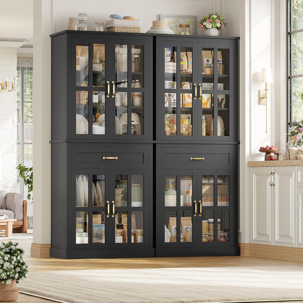 FOTOSOK 71'' Tall Kitchen Cabinet with Glass Doors and Drawer, Freestanding Food Pantry with Adjustable Shelves for Dining Living Room, Black