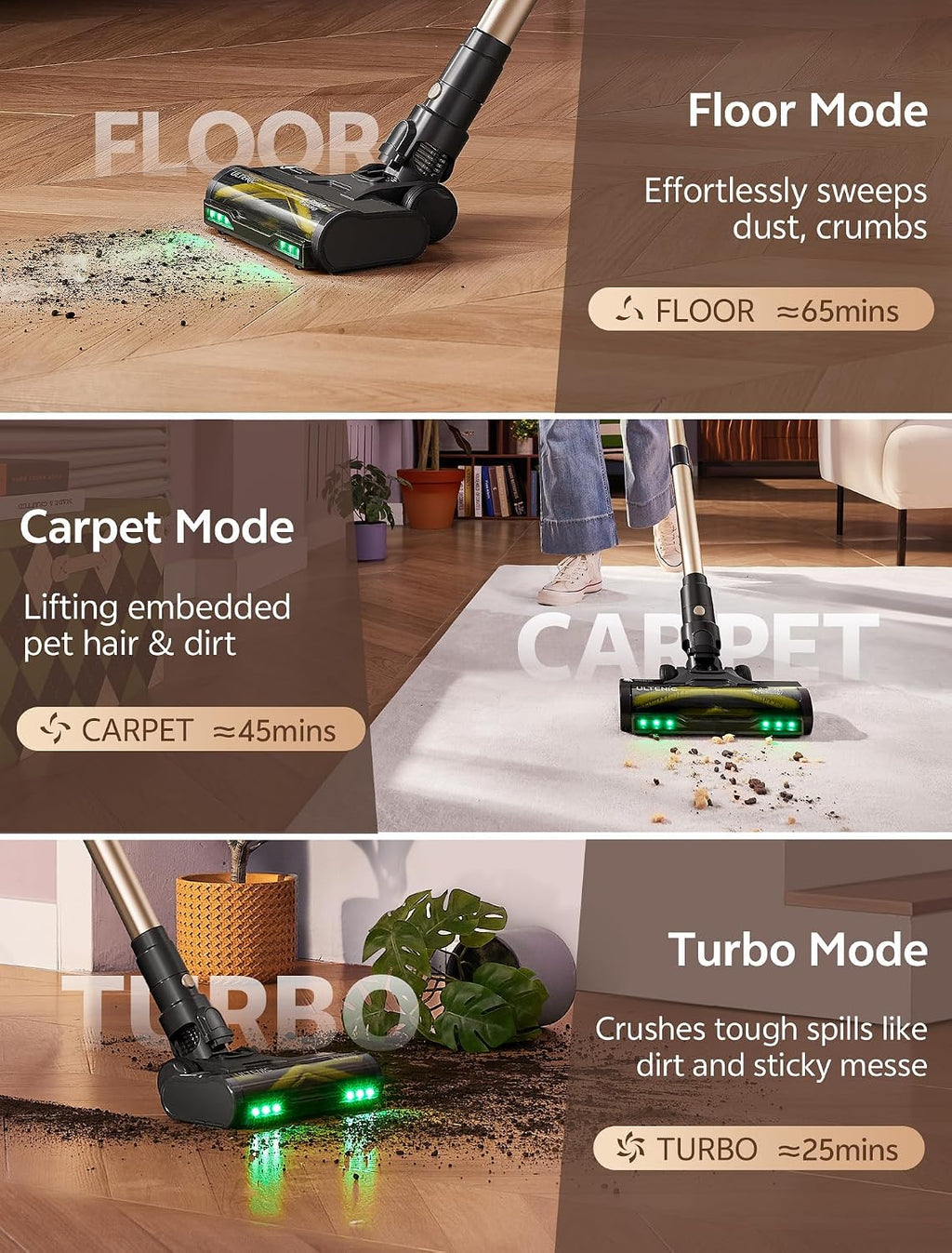 Ultenic Cordless Vacuum Cleaner, 600W 60KPA 65mins Vacuum Cleaners for Home, Cordless Stick Vacuum with Green Light, Self-Standing & 180° Lay-Flat, Anti-Tangled Brush for Floor/Carpet/Pet Hair