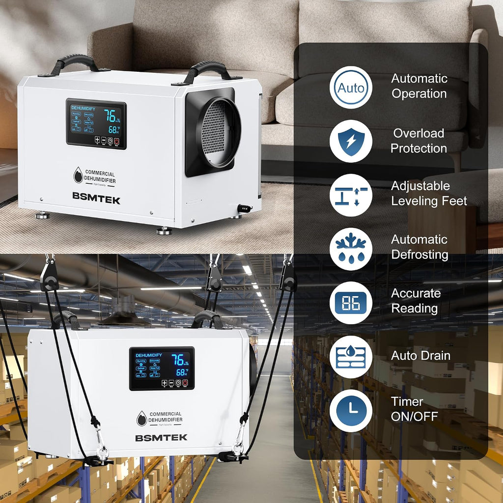 145 Pints Commercial Dehumidifier for Large Basements & Crawl Spaces up to 6500Sq.Ft, Industrial Dehumidifiers for Water Damage Restoration, Auto Defrost, Continuous Drain Hose, Memory Function, White