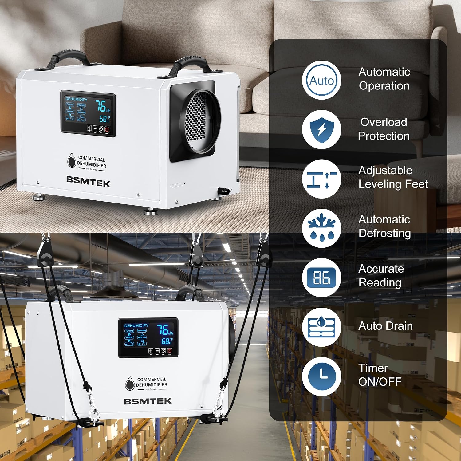 145 Pints Commercial Dehumidifier for Large Basements & Crawl Spaces up to 6500Sq.Ft, Industrial Dehumidifiers for Water Damage Restoration, Auto Defrost, Continuous Drain Hose, Memory Function, White