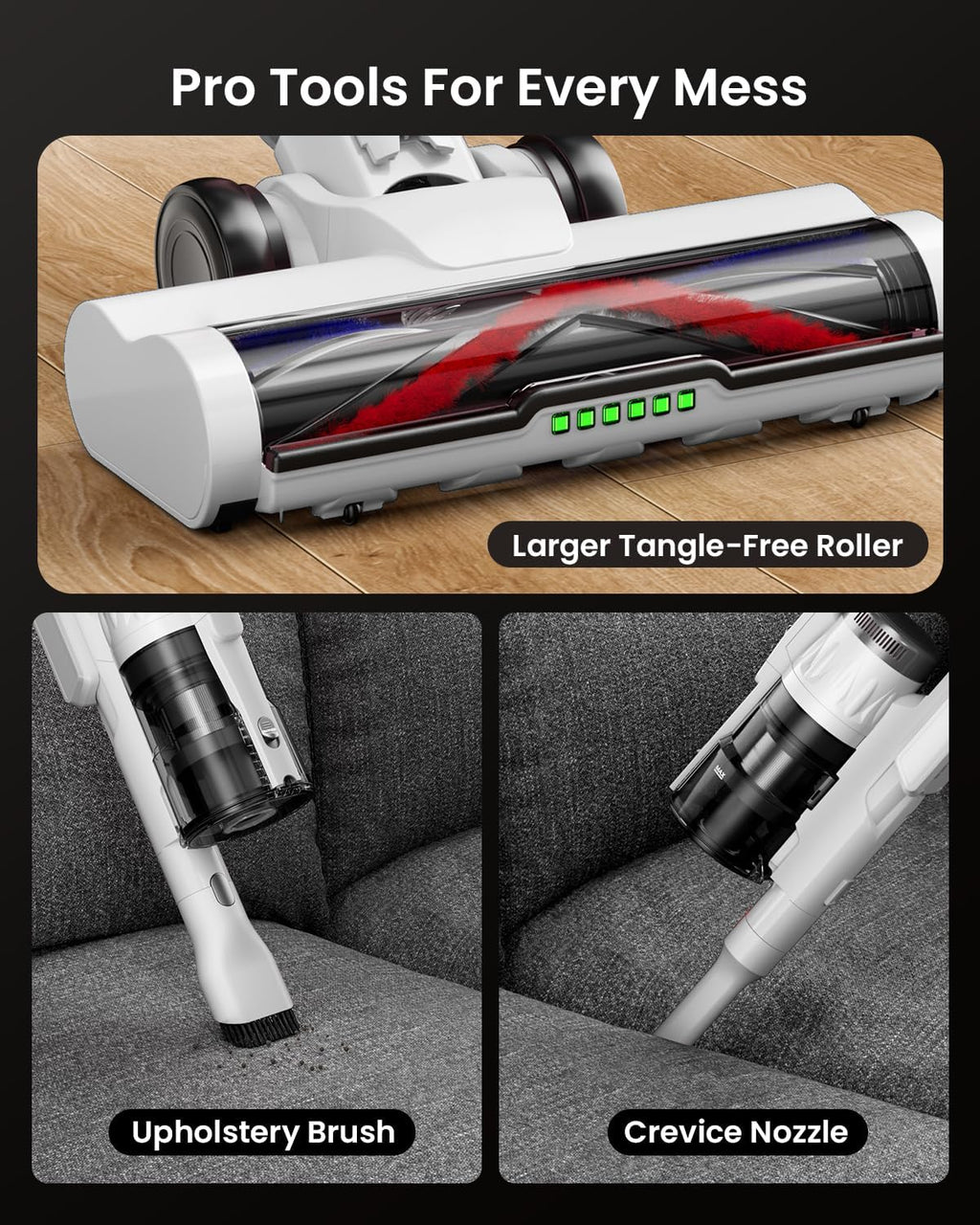 Cordless Vacuum Cleaner for Home, Upgraded 60Kpa Powerful Suction Pet Hair Vacuum with 70min Runtime, Green LED Light for Hardwood Floors & Carpet, Self-Standing Rechargeable Stick Vacuum, Grey-white
