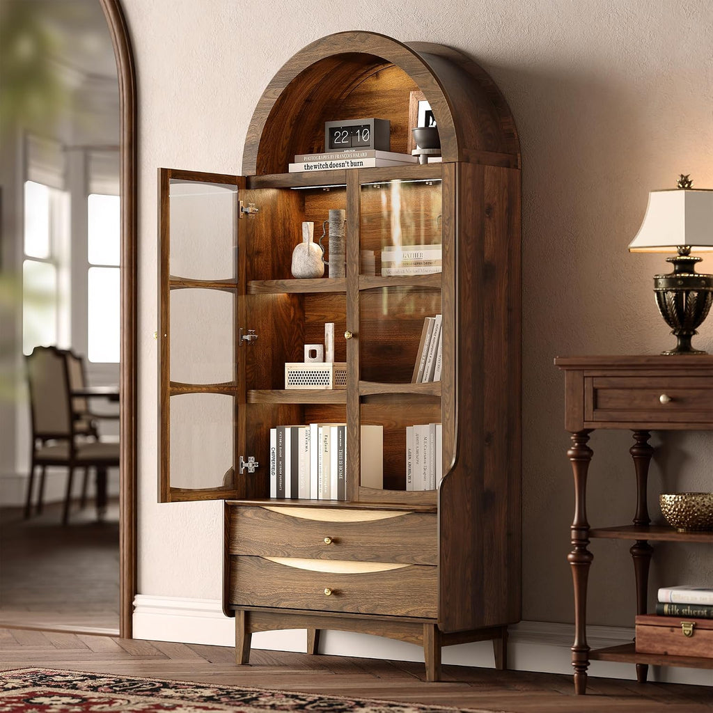 STO'SENSE 74' Tall Arched Bookshelf with LED Lights,4-Tier Modern Farmhouse Arched Bookcase with Glass Doors and Shelves,Wooden Display Cabinet with 2 Drawers for Living Room, Dining Room (Walnut)