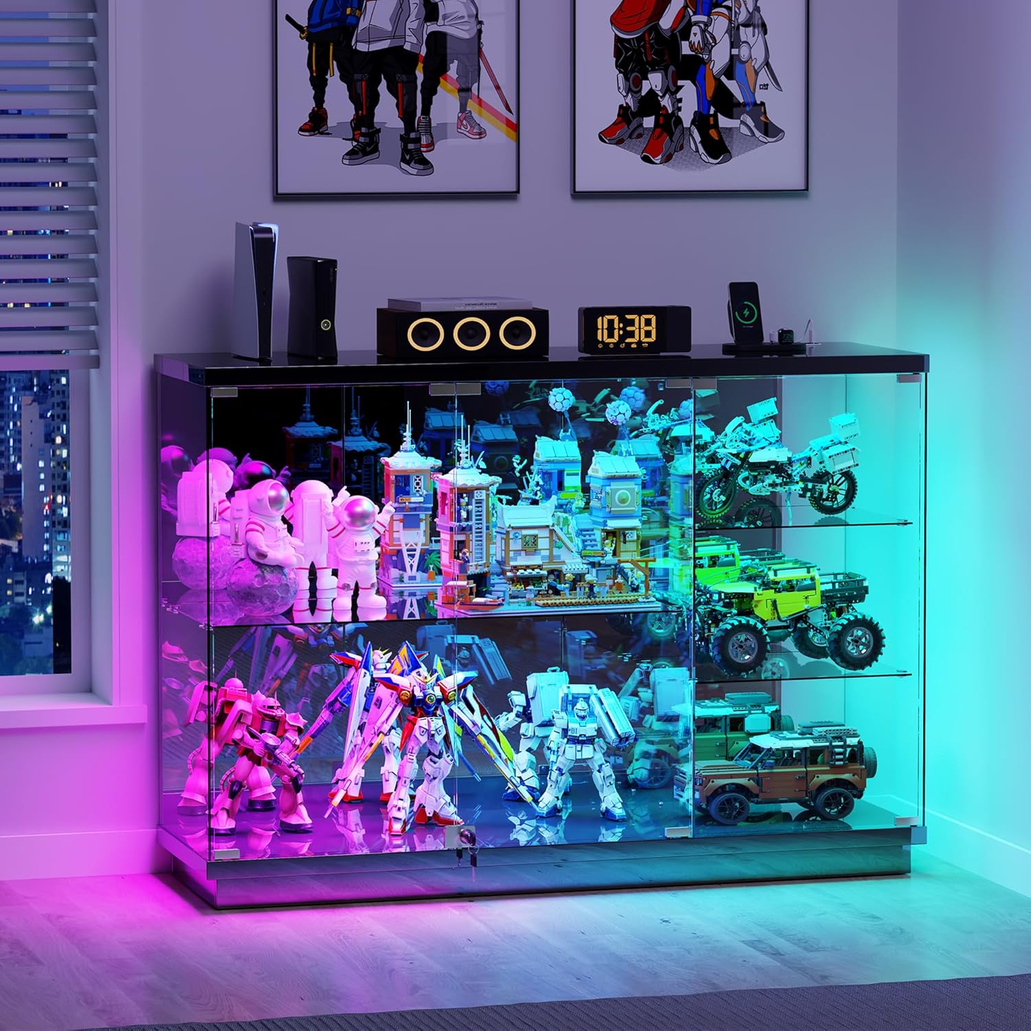 HNEBC 5-Tier Lockable Display Cabinet - with Glass Door,47.2' W Glass Display Case with 7+5 Lights Modes for Collectibles,Lighted Cuiro Cabinet with Human Sensor,China Cabinet for Living Room