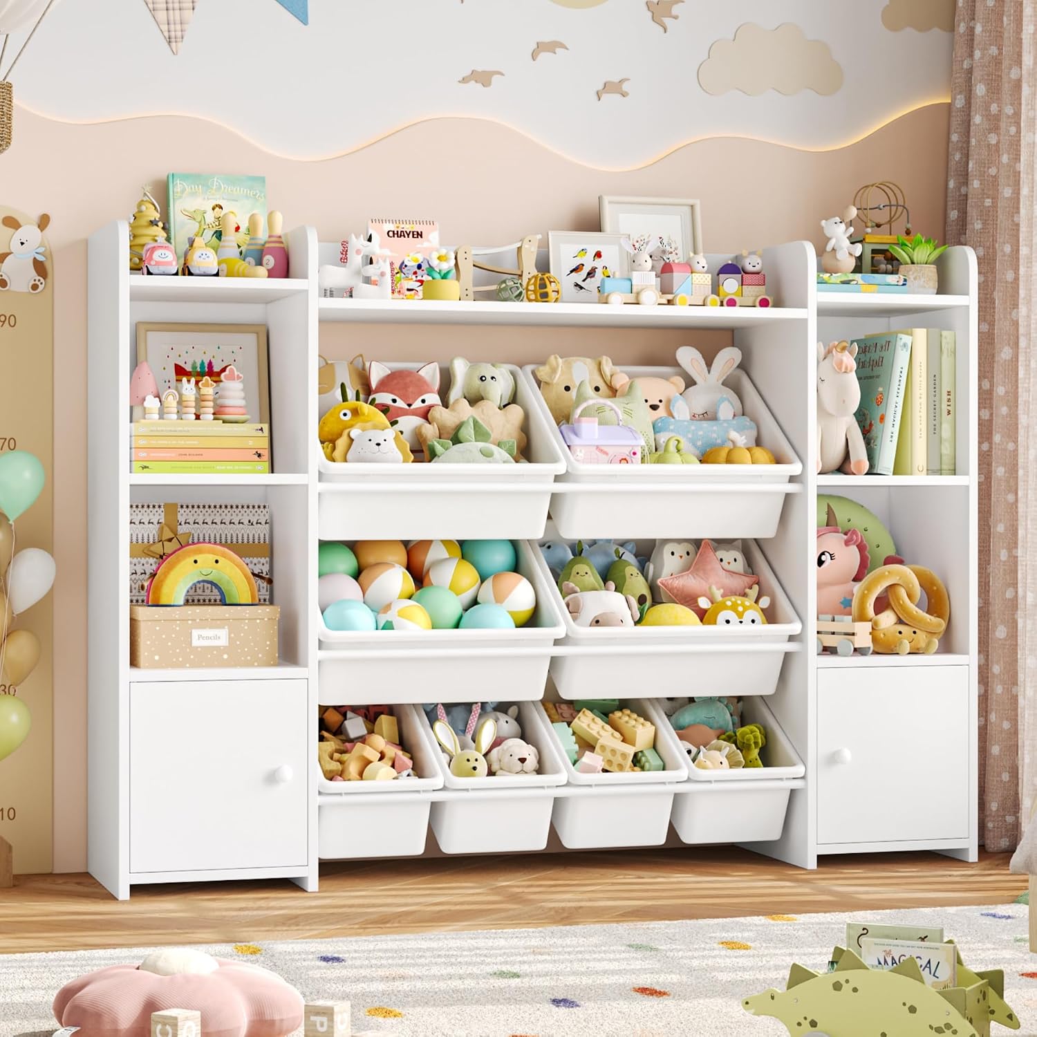 FOTOSOK Toy Storage Organizer with 8 Toy Bins, 55''Large Toy Organizers and Storage with Top Shelf, Toy Storage and Kids Bookshelf with 6 Storage Cubbies, Playroom Storage and Organization Bins, White