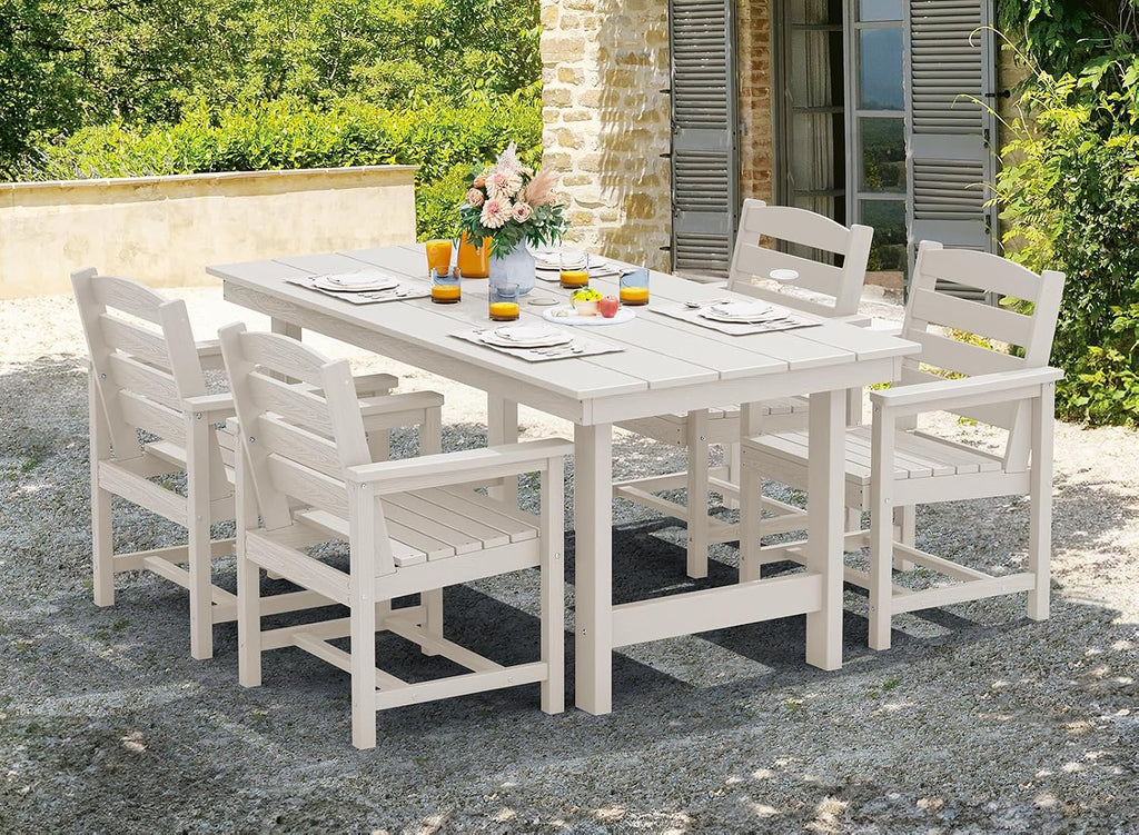 SERWALL HDPE Outdoor Dining Table for 6, 67' Rectangle Patio Dining Table with Umbrella Hole, White