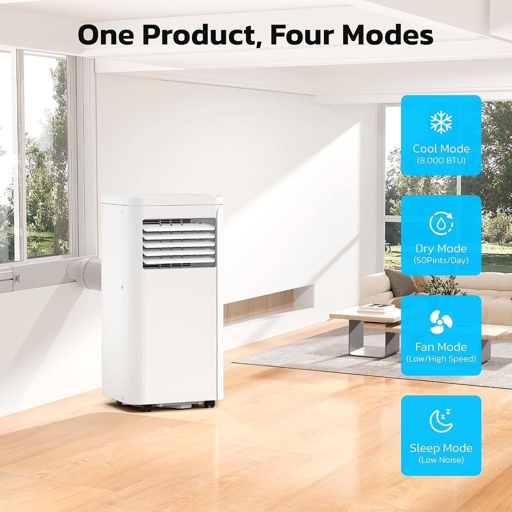 ZAFRO 8,000 BTU Portable Air Conditioners, 4 Modes Portable AC Unit Built-in Cool/Dehumidifier/Fan/Sleep, 24Hrs Timer, for Bedroom/Indoor Rooms, White