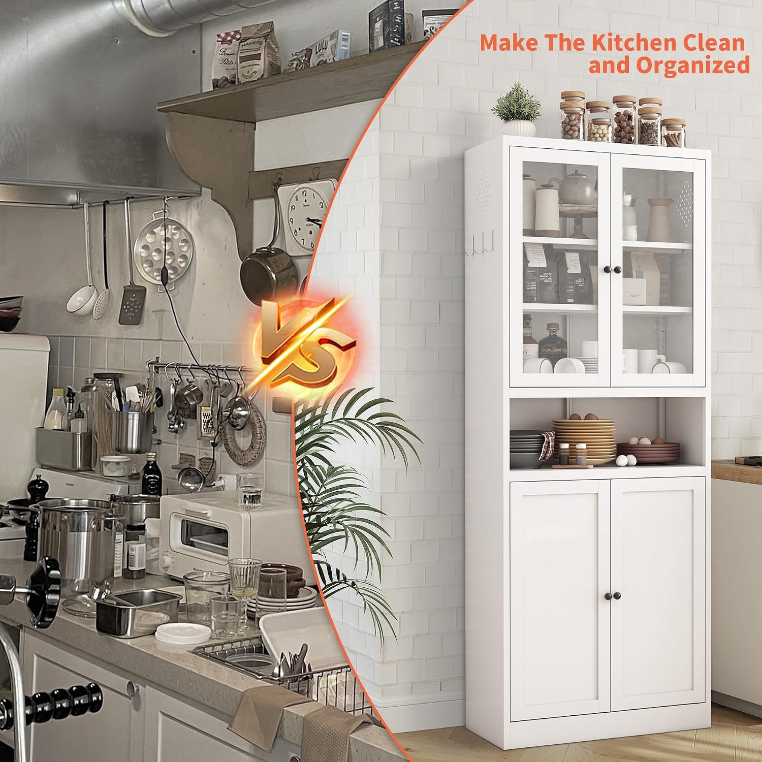 72' Tall Metal Storage Cabinets with 4 Doors and Shelves,White Kitchen Pantry Cabinet,Freestanding Steel Cupboard Display Cabinets for Kitchen,Living,Dining Room,Bathroom,Assembly Required