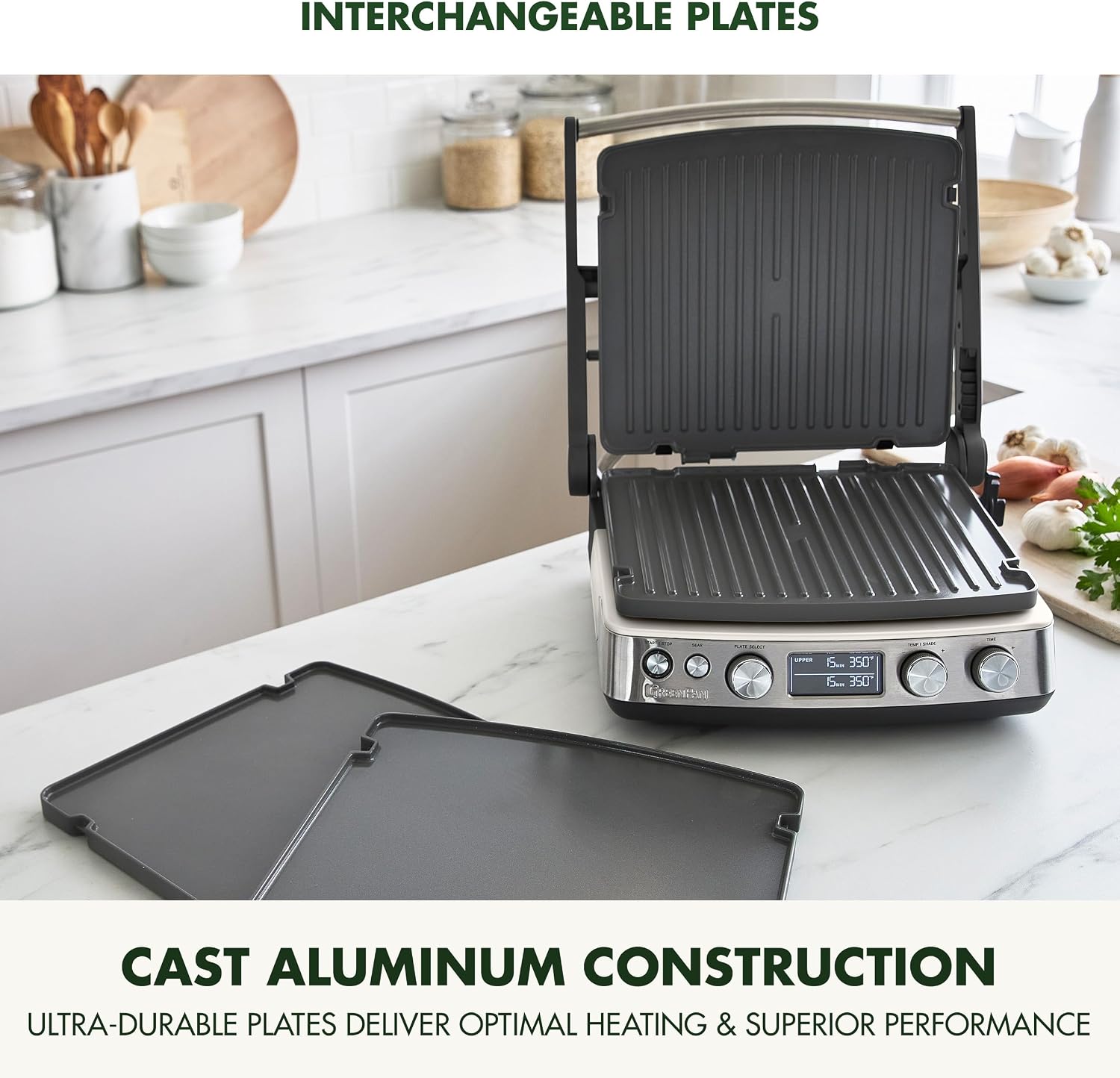 GreenPan Elite 7-in-1 Multi-Function Contact Grill & Griddle, Healthy Ceramic Nonstick Reversible Plates, Adjustable Shade & Shear, Closed Press/Open Flat Surface, PFAS-Free, Cream White