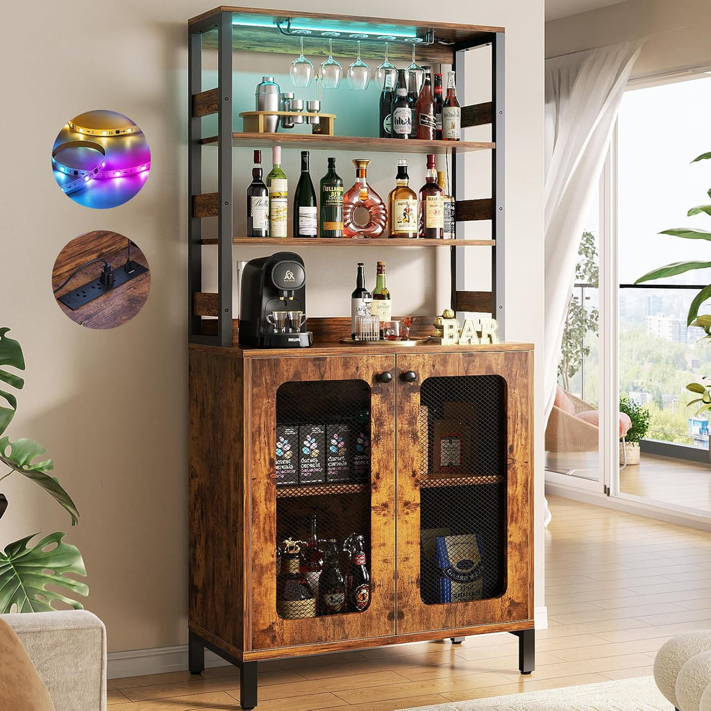 Aheaplus Bar Cabinet with Power Outlets, 67' Tall Wine Bar Liquor Cabinet with LED Lights & Glass Holder, Coffee Bars Station for Living Room, Microwave Stand Bakers Rack Cabinets, Rustic Brown