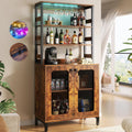 Aheaplus Bar Cabinet with Power Outlets, 67' Tall Wine Bar Liquor Cabinet with LED Lights & Glass Holder, Coffee Bars Station for Living Room, Microwave Stand Bakers Rack Cabinets, Rustic Brown