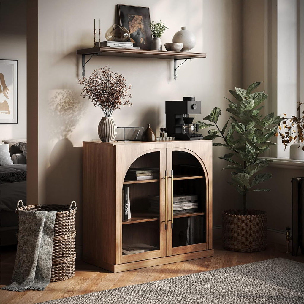 BELLEZE Modular Sideboard with Arched Glass Door, Accent Display Buffet Cabinet with Storage and Adjustable Shelves,Classic Modern Credenza for Dining Room Living Room Entryway (Camel)