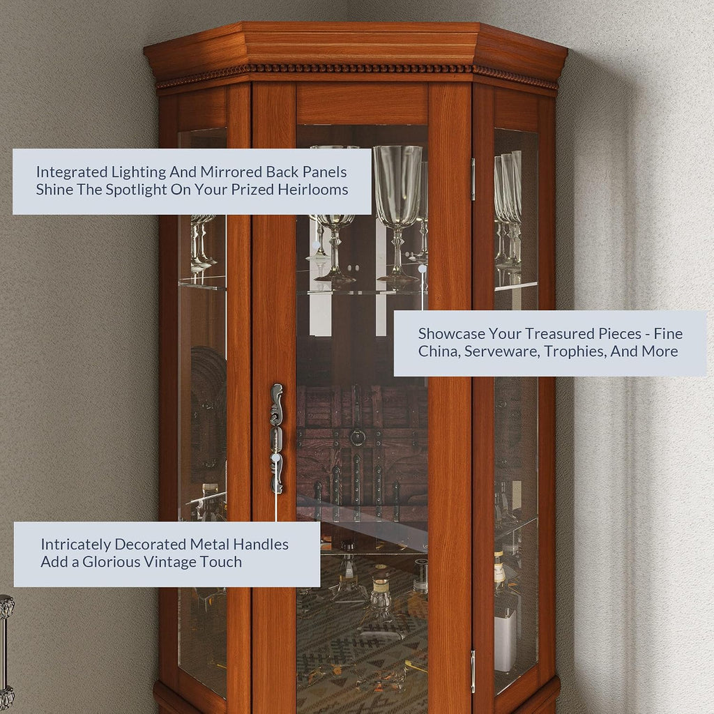 BELLEZE Lighted 3-Side Glass Display Curio Cabinet w/Tempered Glass Doors and Shelves, Accent Wooden Corner Cabinet with Bulb, Corner Storage Decoration Rack for Living Room