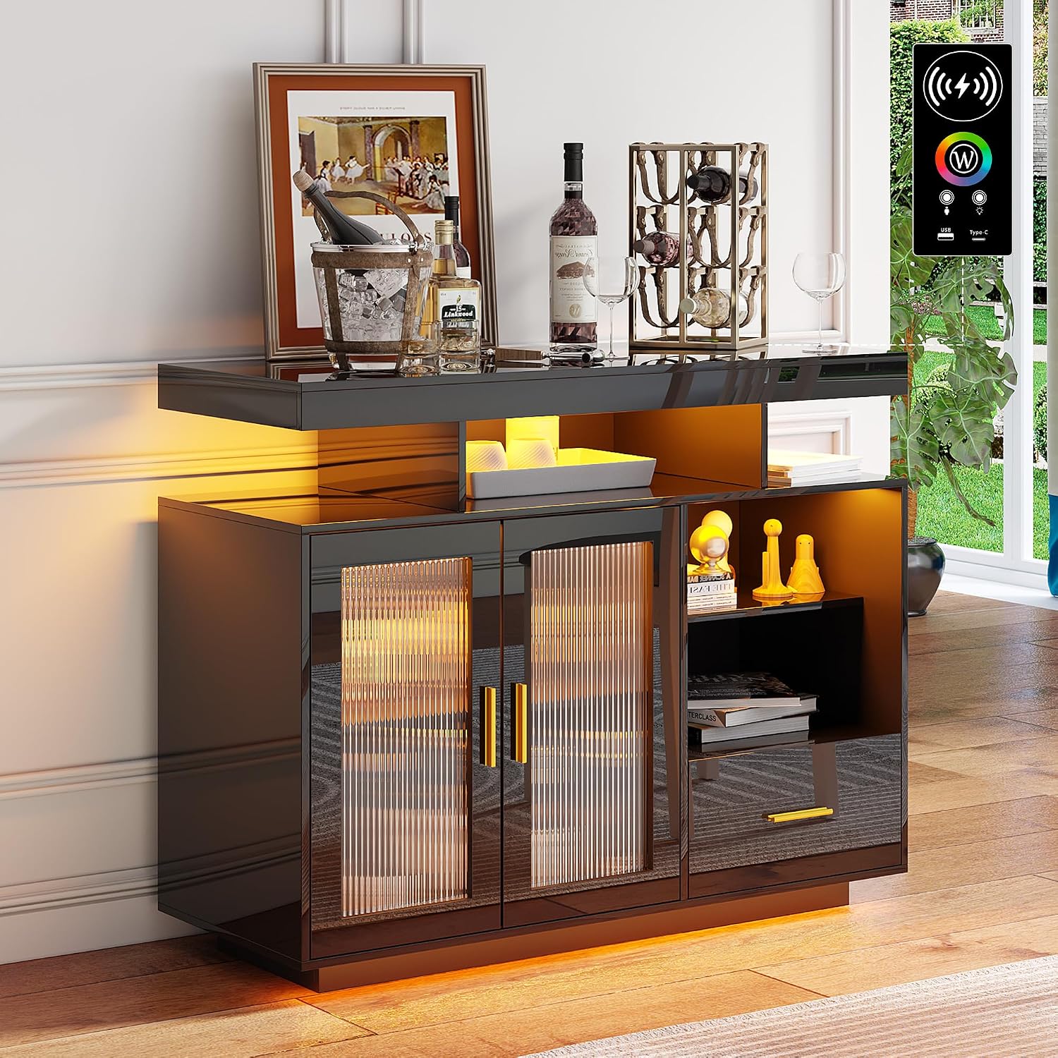 HNEBC LED Sideboard Buffet Cabinet with Charging Station, Smart Bar Cabinet with Auto RGB Lighted, High Gloss Coffee Bar with Drawer/Hutch for Living Room, Dining Room, Home Storager(Black)