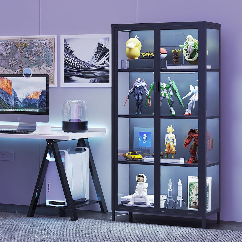 63' H Display Cabinet with Glass Doors,Display Case with LED Sensor Lights,Glass Display Cabinet with Adjustable Shelves and Feet,Display Cabinets for Living Room/Bedroom/Kitchen