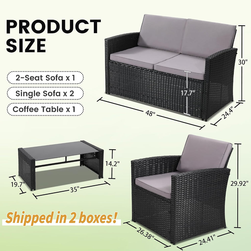 KROFEM 4-Piece Patio Furniture Set, Wicker Outdoor Rattan Sectional Sofa with Cushions and Glass Table, All-Weather Outdoor Conversation Set for Garden, Porch, Backyard, Patio, Black and Grey