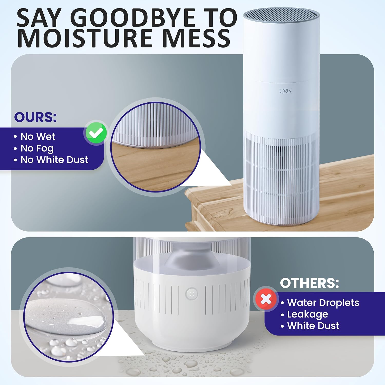 ORB 2-in-1 Air Purifier & Humidifier Combo for Bedroom – HEPA Filter, Quiet, Auto Mode, No Mist, Removes Dust Smoke Odors Pet Dander, Top Fill, Covers 500 Sq Ft
