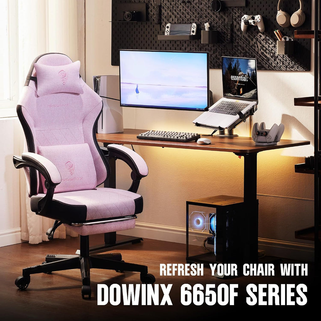 Dowinx Gaming Chair Fabric with Pocket Spring Cushion, High Back Ergonomic Computer Chair with Footrest for Adults, Massage Lumbar Support Swivel Game Chair for Office Gaming 300LBS, Pink