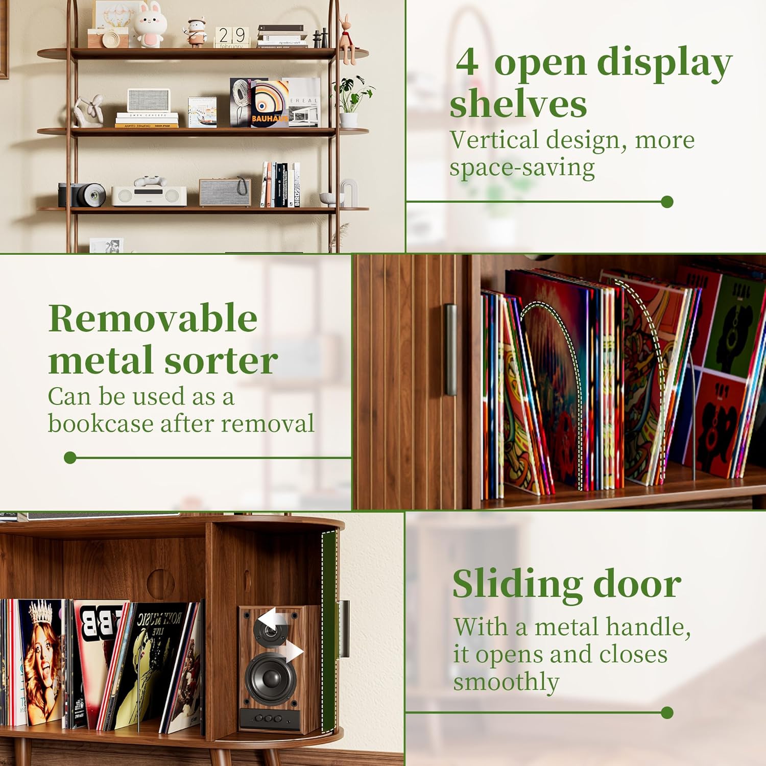 Tall Large Vinyl Record Player Stand, Fluted Long Record Storage Cabinet with Sliding Doors, Mid Century Modern Bookshelf, 4 Tier Media Display Shelf, Arched Turntable Stand for Living Room, Walnut