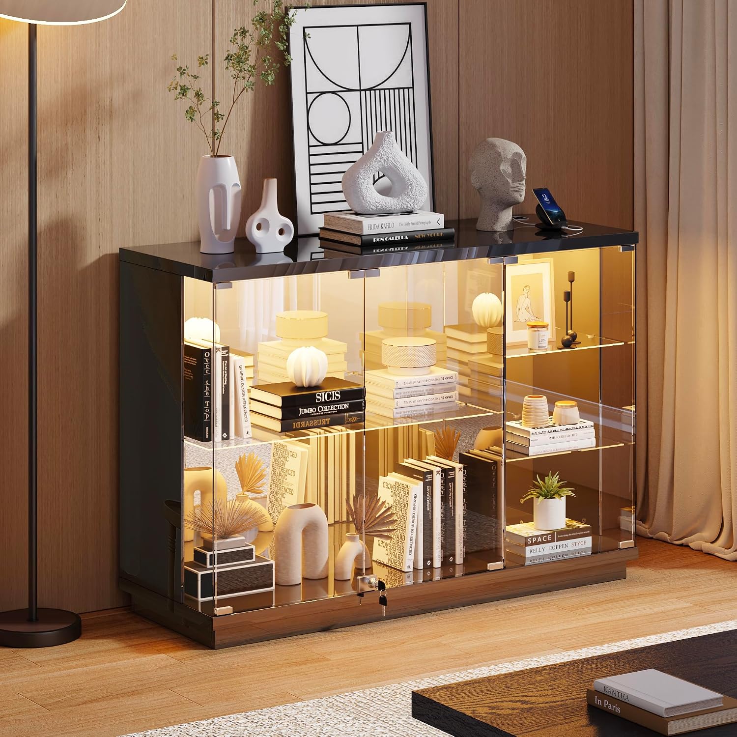 Lvifur High Gloss Display Cabinet - with Lock & LED Light, Curio Cabinet with Human Body Sensor & Glass Shelves for Toys, Books, Collectibles, Liquor, Bookcase for Living Room, Kitchen, Study, Black