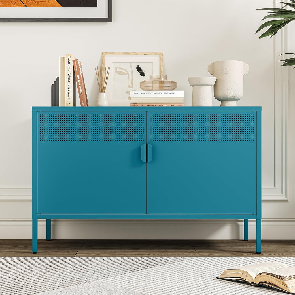 Chshin Metal Storage Cabinet with Doors,Blue Accent Cabinet,Metal Locker Storage Cabinets,2 Door TV Media Stand with Removable Shelves for,Home,Office,Entryway,Living Room