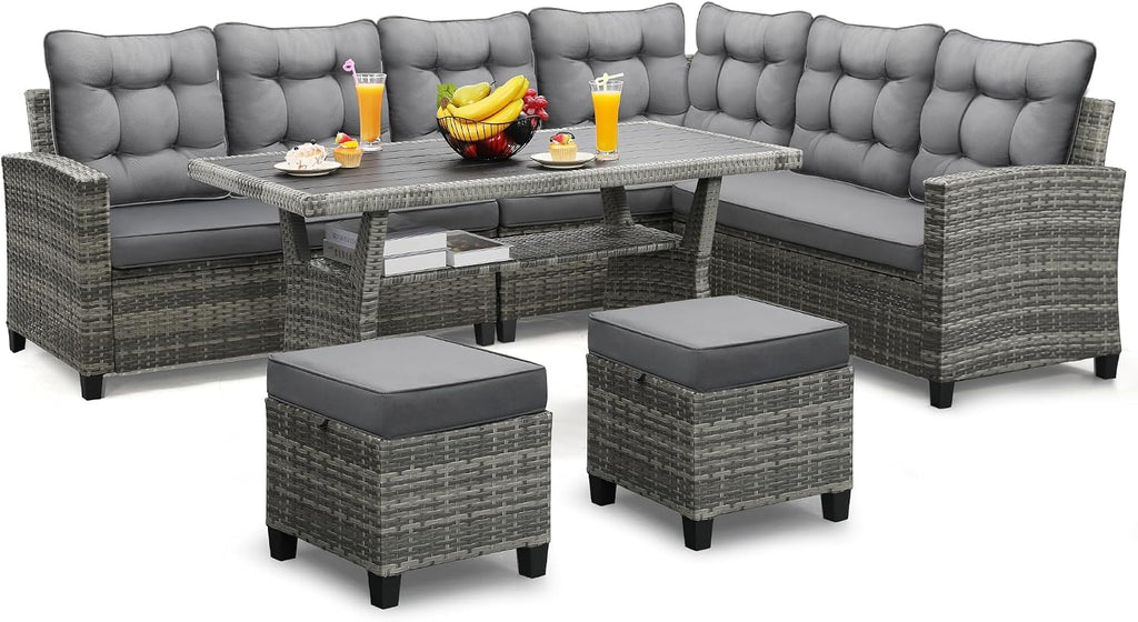 KROFEM 6-Piece Patio Furniture Set, Outdoor Sectional Sofa with Dining Table & Chairs, All-Weather Dining Set with Removable Cushion Covers, Ideal for Garden, Porch, Backyard, Grey