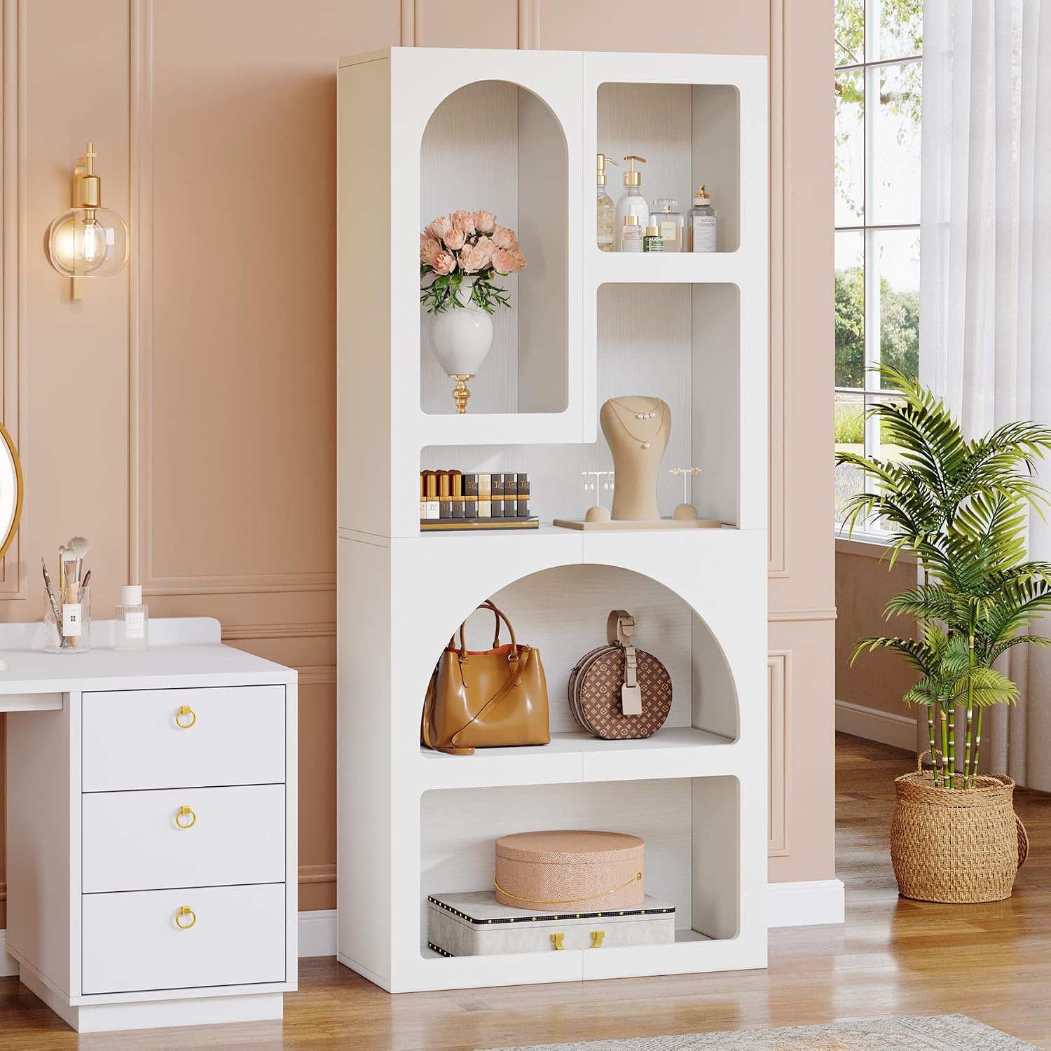 Tribesigns 70.87' Tall Geometric Bookshelf, White Arched Bookcase with 5 Irregular Storage Shelves, Modern Open Art Decor Display Shelf Free-Standing for Living Room, Bedroom, Closet