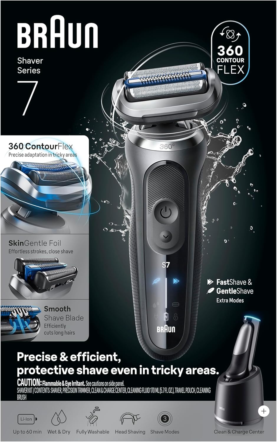 Braun Electric Shaver for Men, Series 7 7171cc, Wet & Dry Shave, Turbo & Gentle Shaving Modes, Waterproof Foil Shaver with Precision Trimmer, Space Grey