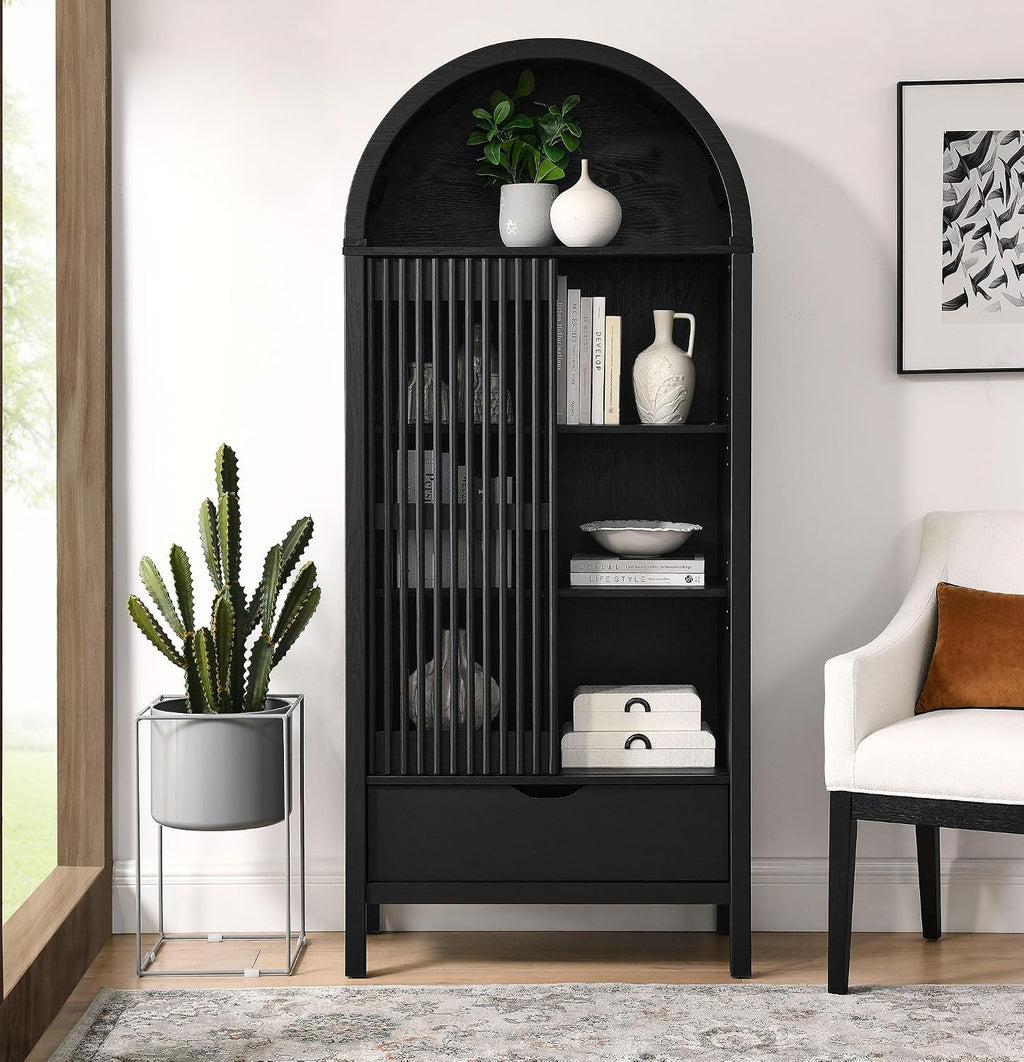 Modway Vaughn 71 Inch Arched Display Cabinet in Black - Modern Arch Bookcase with Drawer and Adjustable Shelves - Tall Storage Cabinet for Living Room, Dining Room, Hallway