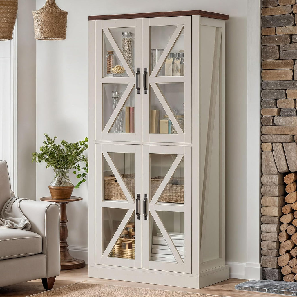 DWVO 66' Storage Cabinet, Tall Bookshelf Display Cabinet, 4 Shelves Curio Cabinet with Tempered Glass Doors, Trophy Display Case for Living Room and Dinning Room, White
