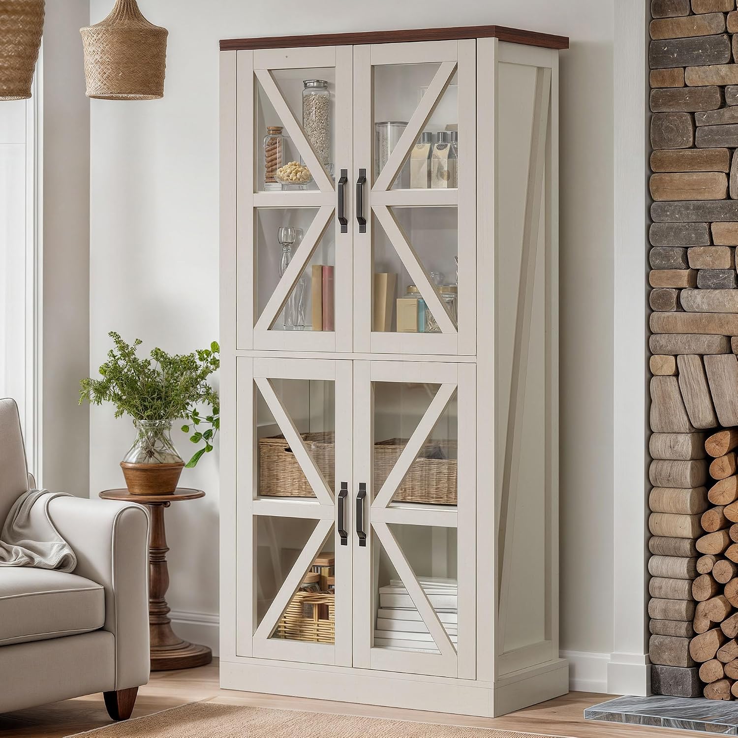 DWVO 66' Storage Cabinet, Tall Bookshelf Display Cabinet, 4 Shelves Curio Cabinet with Tempered Glass Doors, Trophy Display Case for Living Room and Dinning Room, White