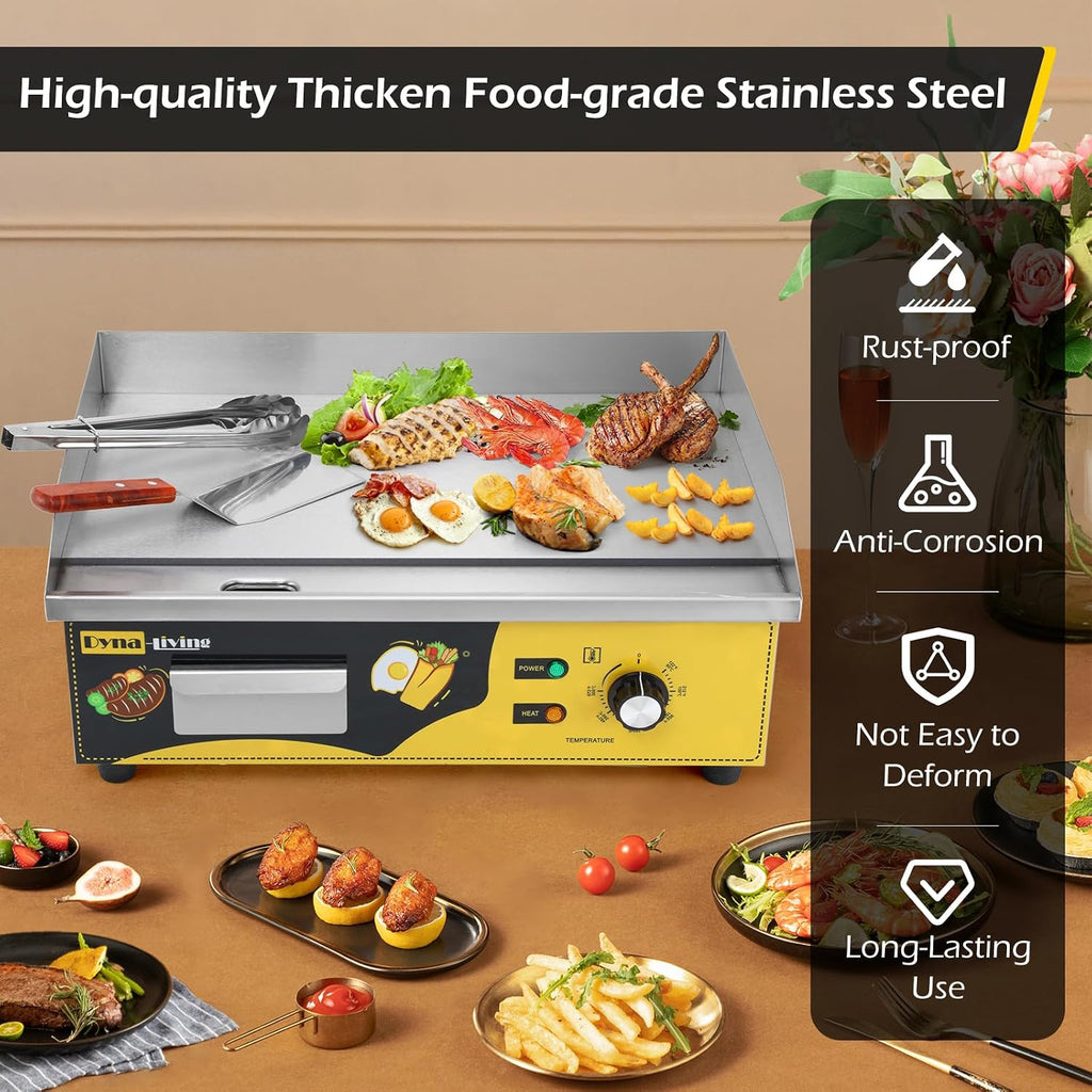 Dyna-Living Commercial Electric Griddle 22'' Stainless Steel Countertop Griddle 3000W 110V Flat top Grill Electric for Home Kitchen, Restaurant, 122℉-572℉ Temperature Adjustable