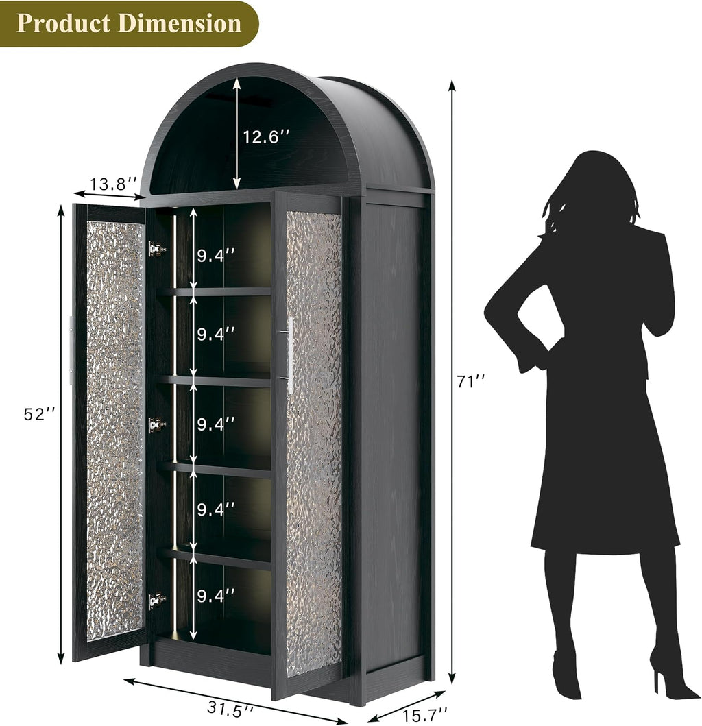 HUAHUU 71' Tall Arched Cabinet with 3 Color Lights, Kitchen Pantry Storage Cabinet with Glass Doors & Adjustable Shelves, Modern 6-Tier Display Cabinets for Living Room, Dining Room, Black