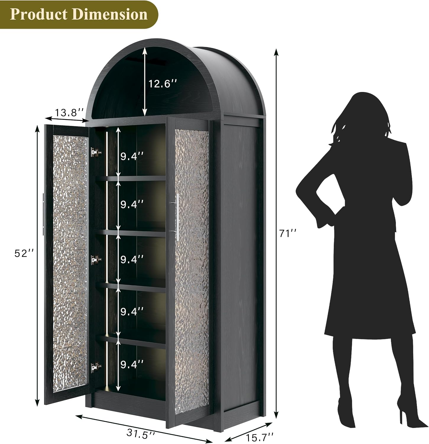 HUAHUU 71' Tall Arched Cabinet with 3 Color Lights, Kitchen Pantry Storage Cabinet with Glass Doors & Adjustable Shelves, Modern 6-Tier Display Cabinets for Living Room, Dining Room, Black