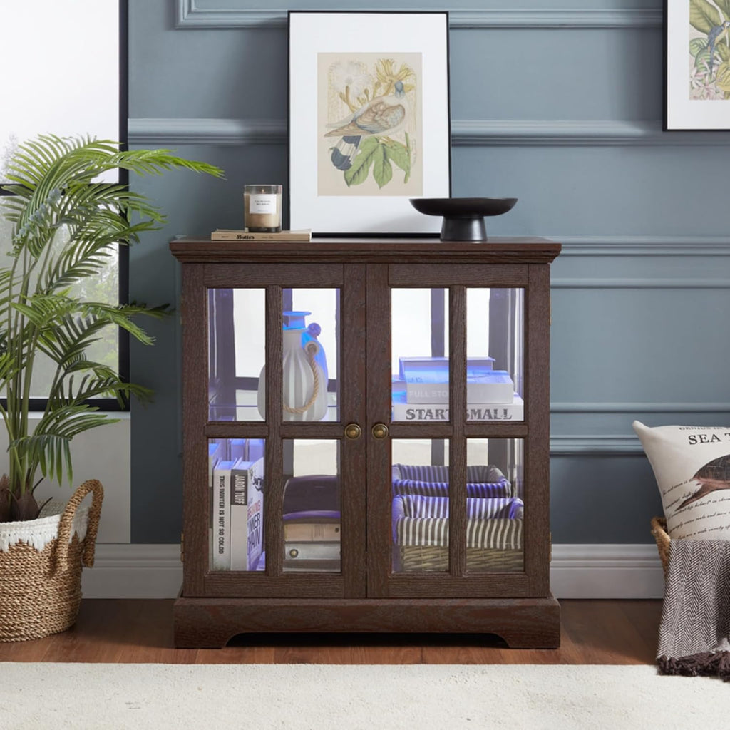 32' H LED Accent Curio Cabinet with 7 Color Lights for Collectibles, Modern Storage Cabinet with Tempered Glass Doors, Sideboard Buffet Case with Smartphone-Controlled Lights (Dark Cherry)