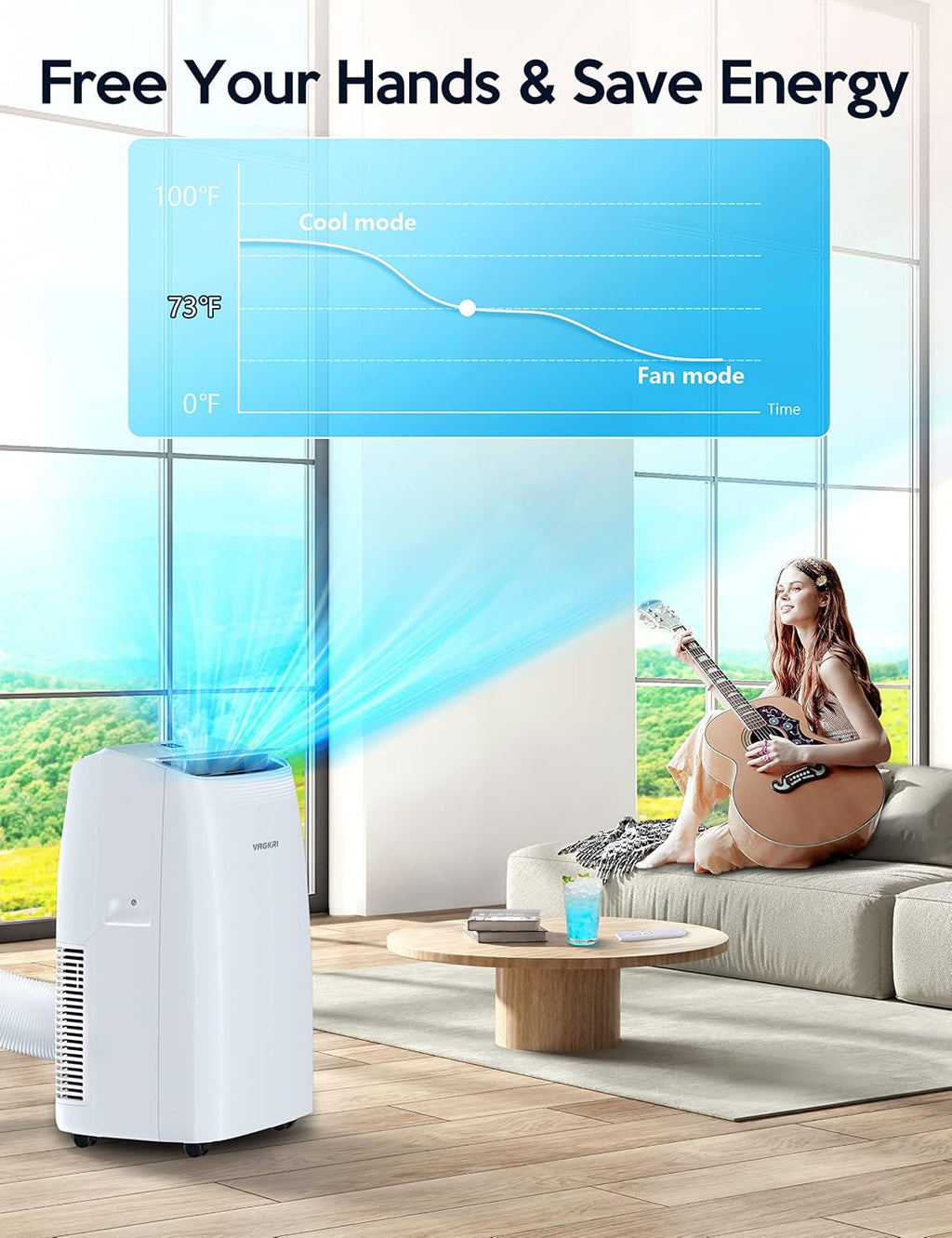 VAGKRI 12,000 BTU Portable Air Conditioner, 3-in-1 AC with Fan & Dehumidifier, Cools up to 450 Sq.Ft, Energy Efficient AC Unit with Remote Control, Sleep Modes, 24H Timer for Bedroom, Room, Office