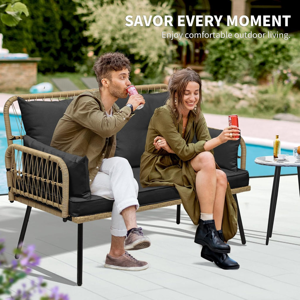YITAHOME Outdoor Patio Loveseat, Two-Seater Wicker Patio Sofa with Handwoven Rattan and Cushions, Porch Furniture for Backyard, Balcony, and Deck, Light Brown and Black