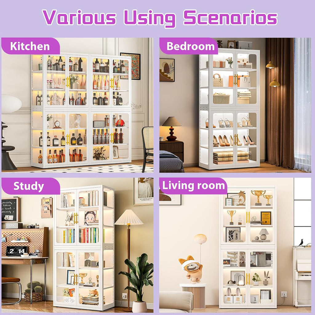 PAOFIN 67' Display Cabinet with Glass Doors, 4-Tier Curio Cabinet with Many Color Lights for Collectibles, Glass Display Case, Bookcase with 4 Shelves, Storage Cabinets, White