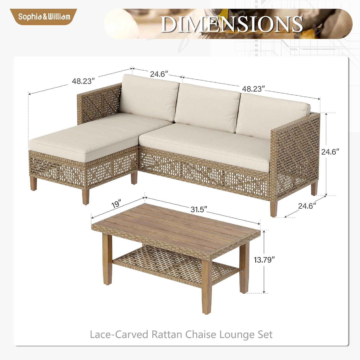 Sophia & William Boho Rattan Patio Sectional Set with Thick Cushions & Coffee Table – Balcony, Backyard & Poolside Outdoor Furniture (Beige)