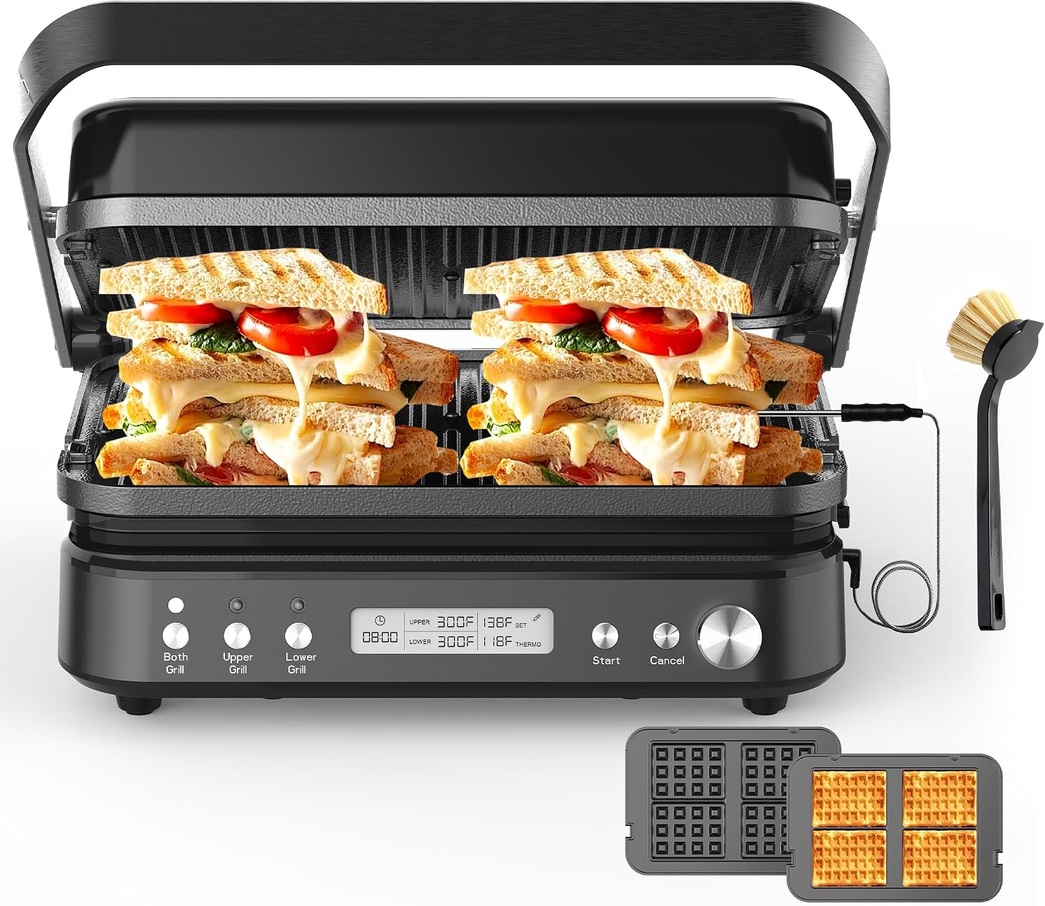 CATTLEMAN Panini Grill Press Sandwich Maker with Removable Plates, 1600W, 6 in 1 Waffle Maker & Electric Indoor Grill with Meat Thermometer, PFAS Free Ceramic Nonstick Reversible Plates, Opens Flat