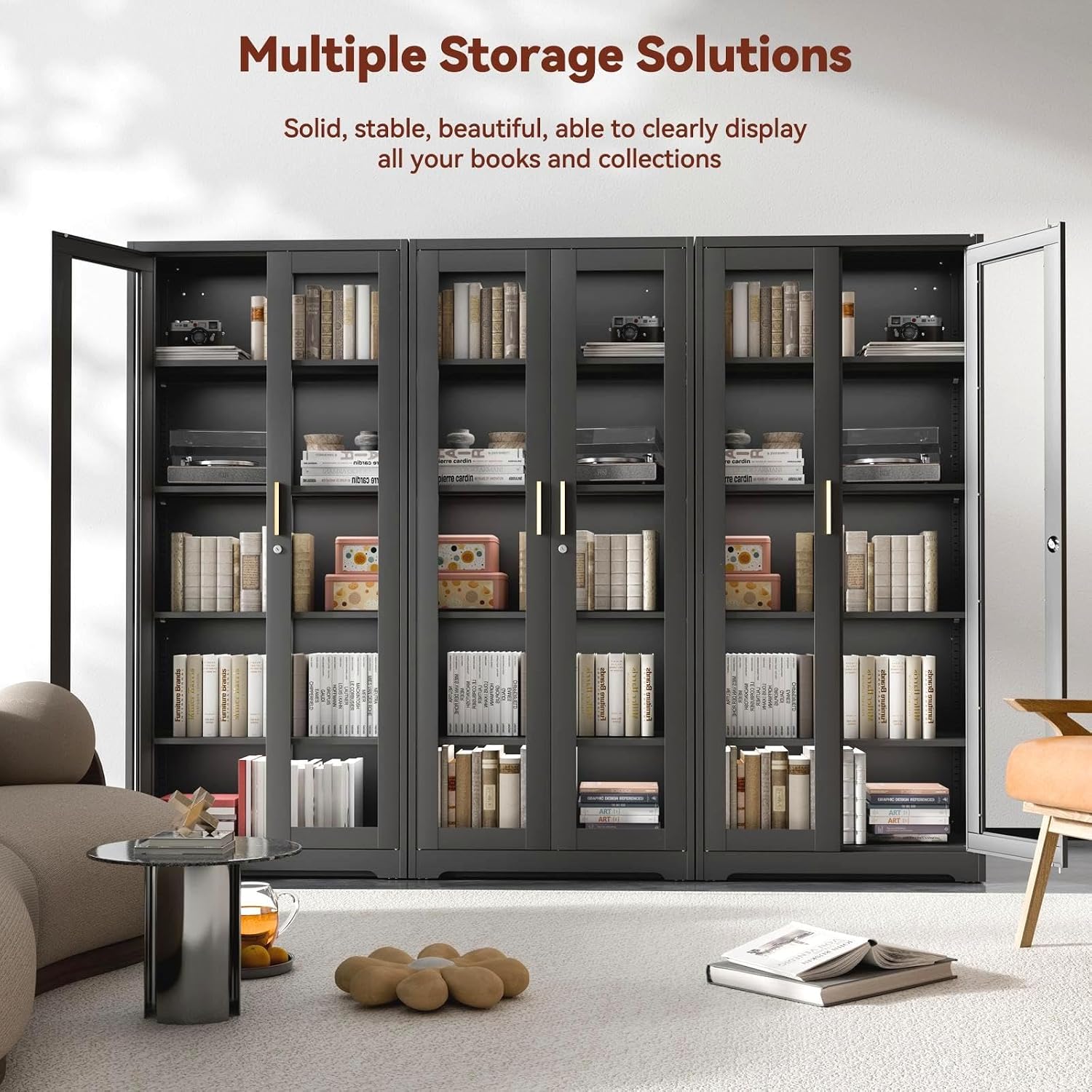 71' Metal Display Cabinet with Glass Doors, Locking Curio Cabinets with 4 Adjustable Shelves, Glass Display Case for Collectibles, Metal Storage Cabinet