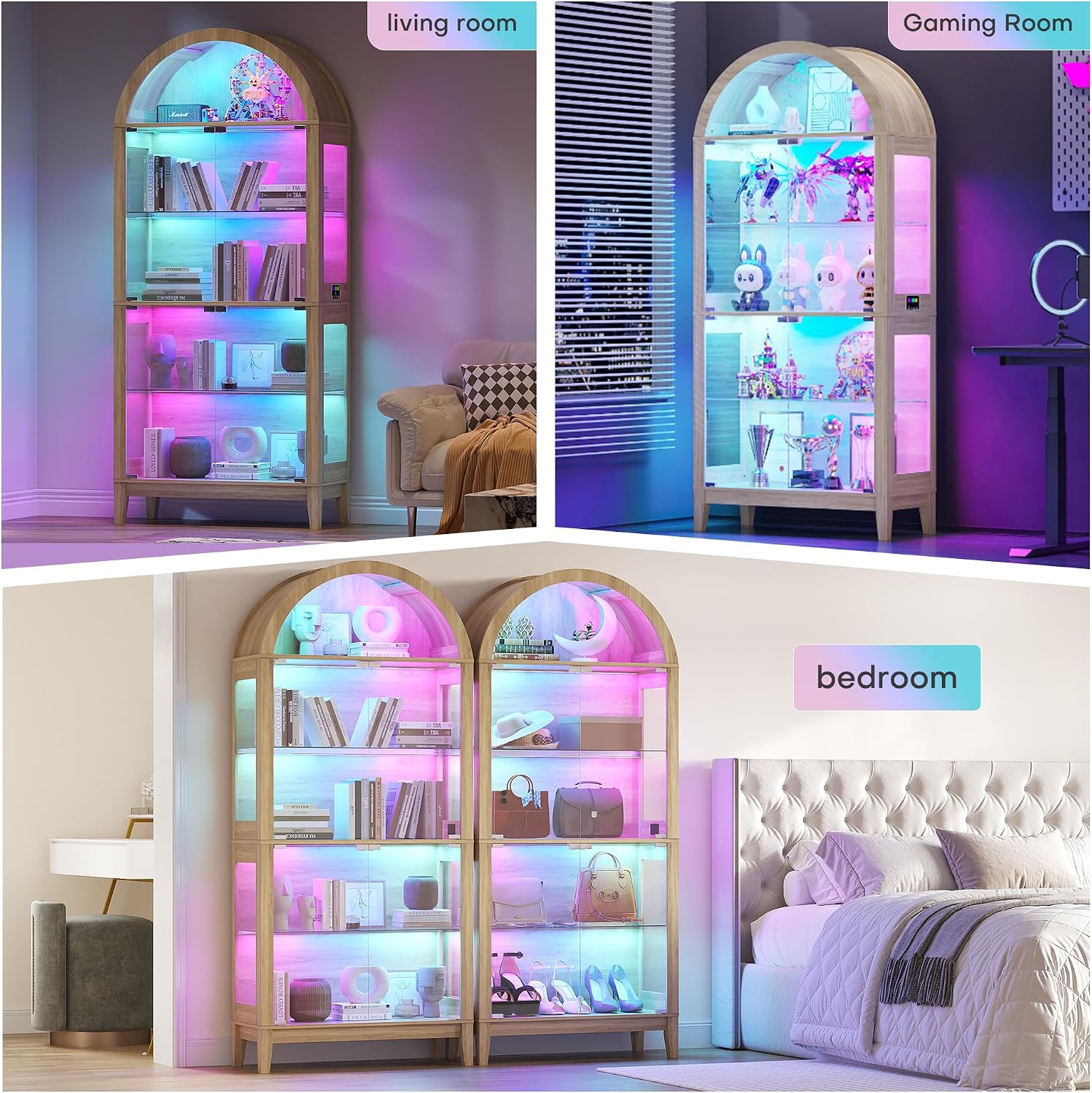 WOOVIVS Glass Display Cabinet with RGB Lights, 69' Tall Curio Cabinet with Rebound Tempered Glass Door, 5-Tier Adjustable Display Case for Living Room (Wood)