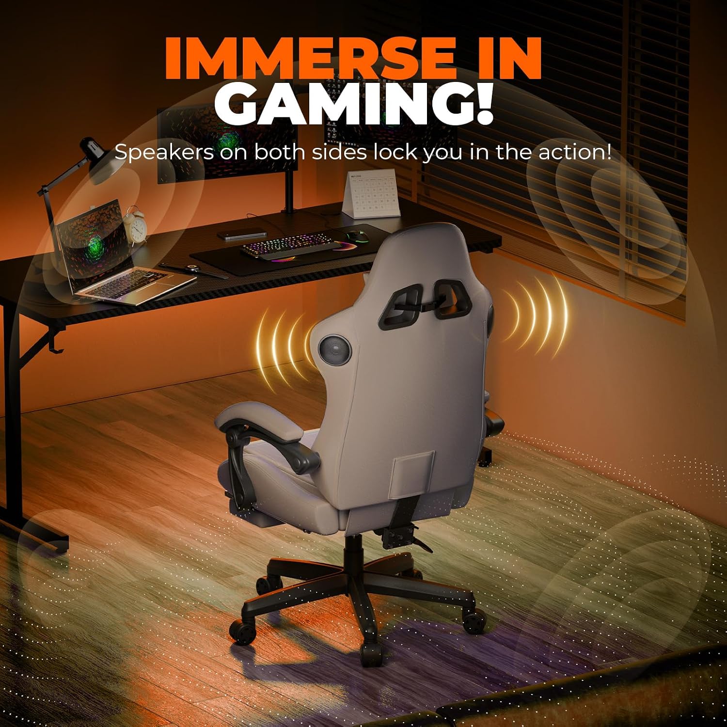 GTPLAYER ACE-PRO Music Gaming Chairs – Built-in Speakers, App Support & Bluetooth Control, Computer Game Chairs with Footrest for Adults, Ergonomic Reclining Silla, Linkage Armrest, Cream